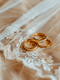 一对金色结婚戒指在面纱上配有蕾丝婚礼配饰选择性焦点