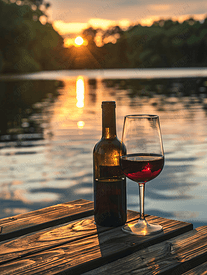 湖边木甲板上放着两杯酒的酒瓶