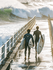 冲浪者在葡萄牙卡斯卡伊斯的码头上携带冲浪板巨浪清晰可见