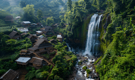 瀑布旁边的一个小村庄