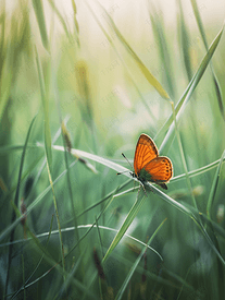 绿草中小火红铜蝴蝶的特写