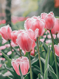 四月份花园里盛开着带白色边缘的粉色郁金香