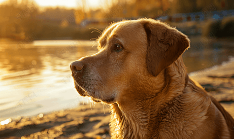 沙湖背景上一只成年拉布拉多犬的特写肖像