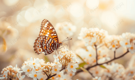 棕色蝴蝶坐在白色金合欢花上的特写