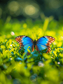 灰蝶科蝴蝶坐在蓝色太阳镜上映衬着绿草