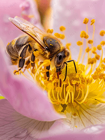 蜜蜂在狗玫瑰花内采集花粉的特写