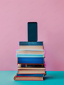 智能手机和书堆的平面组合