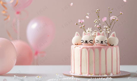 最小的生日蛋糕上面装饰着可爱的脸猫和小花