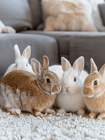 客厅地板上有一群可爱的复活节兔子美丽可爱的宠物
