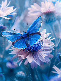 坐在矢车菊上的蓝色蝴蝶的特写