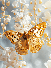 白色金合欢花上银洗的贝母蝴蝶