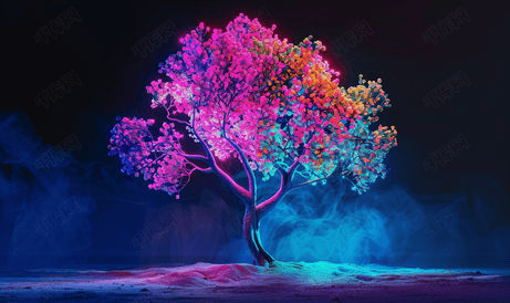人工智能生成的肥沃的树被五颜六色的霓虹灯照亮