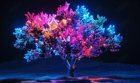 人工智能生成的肥沃的树被五颜六色的霓虹灯照亮