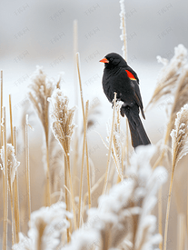 香蒲中的红翅黑鸟