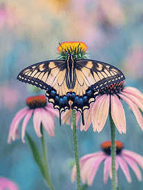 浅紫色金光菊上的斑马燕尾蝴蝶