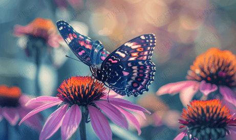 紫色金光菊上的红色斑点紫色蝴蝶