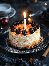 在深色背景上一块蛋糕上点着一根燃烧的蜡烛上面撒着黑莓
