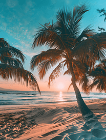 日落蓝海的热带海滩棕榈树和沙丘