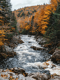 秋天风景河流在落基山间流动
