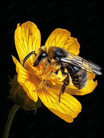 蜜蜂在黄花上的特写被黑色隔离