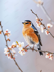 春天鸣禽苍头燕雀坐在树枝上