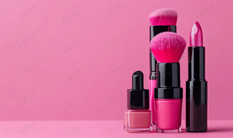 带指甲油口红和粉底的化妆缓冲刷美容和化妆概念