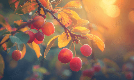 樱桃李果实在树枝上成熟的果实收获果树夕阳光