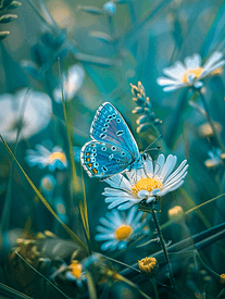 蓝色蝴蝶坐在绿草中的野花上