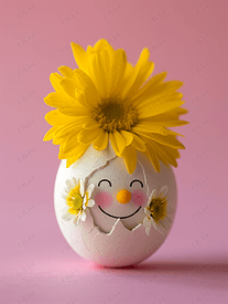 一个白色的鸡蛋脸是花做的放在蛋壳里上面有一朵黄色的花