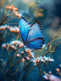 野花上张开翅膀的蓝色蝴蝶