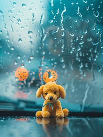 雨天汽车挡风玻璃下悲伤孤独的玩具狗