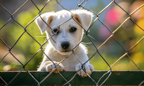 篱笆后面悲伤的白色小狗