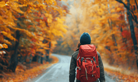 背着背包的快乐旅行者走在秋季森林的路上