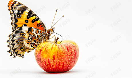 蝴蝶坐在苹果上白色背景