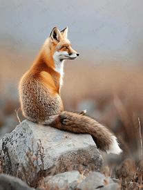 夏日风景中美丽的野生红狐坐在石头上