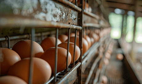 农场鸡舍笼子里的鸡蛋