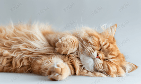 毛茸茸的生姜英国长毛猫肚子朝上睡觉