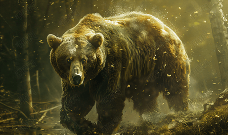 行走在夏季森林中的可怕野生棕熊