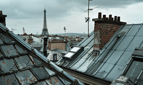 巴黎建筑物和埃菲尔铁塔屋顶的景观