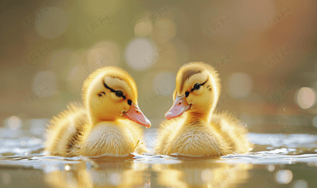 两只可爱的小鸭在池塘里游泳特写