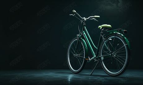 在黑暗的背景上的绿色自行车
