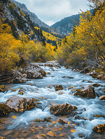 秋天风景河流在洛基山间流动