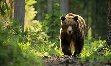 行走在夏季森林中的可怕野生棕熊