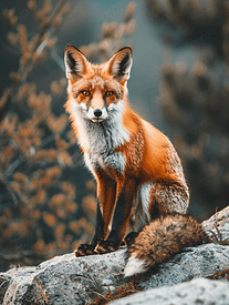 可爱的野生红狐的肖像美丽狡猾的眼睛坐在石头上