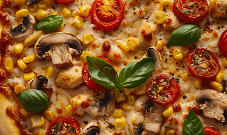 披萨特写配鸡肉、西红柿、玉米奶酪、蘑菇和香料顶视图