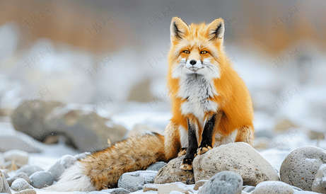 美丽的红狐坐在石头上