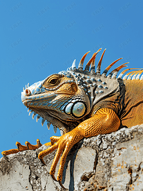 墨西哥鬣蜥躺在大自然蓝天的墙上墨西哥