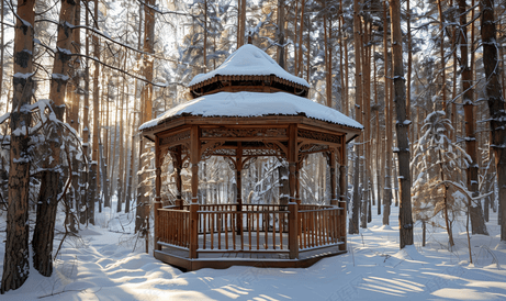 阳光明媚的冬日树林中的木制凉亭