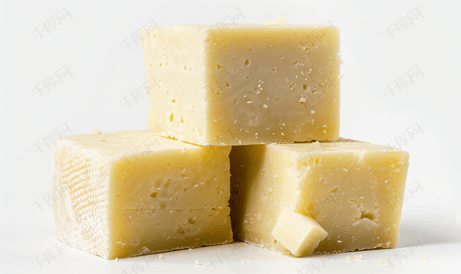 白色背景上立方体形状新鲜奶酪的特写