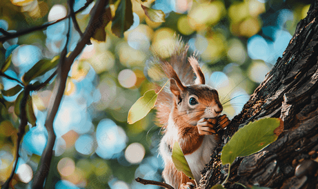 松鼠在树上吃食物森林里可爱又有趣的动物